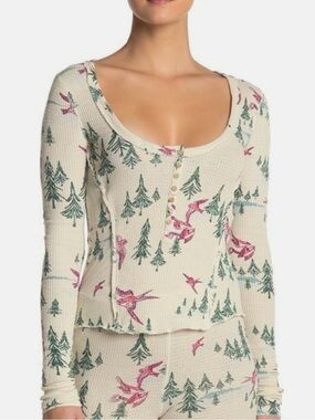Intimately Free People Home All Day Waffle Knit Henley in Tea Combo Size L